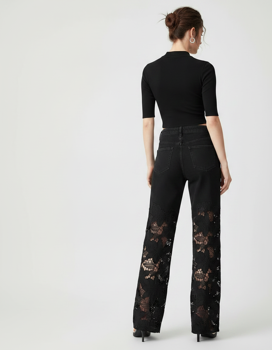 Pantalon Noir Large Dentelle Évidée Patchwork Femme - Jean - vue 2