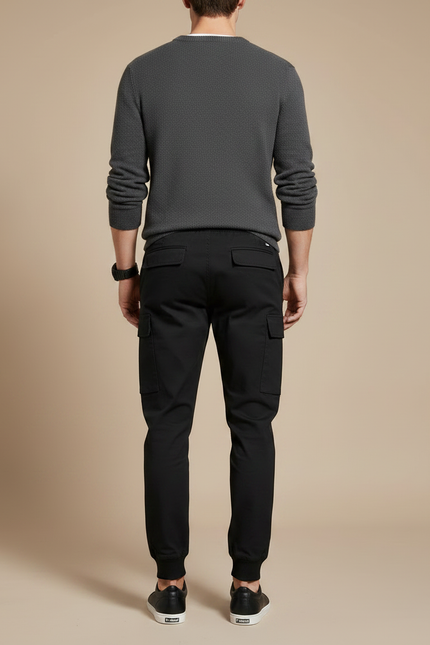 Pantalon Noir Cargo Jogger Cordon Homme Poches - Molleton - vue 2