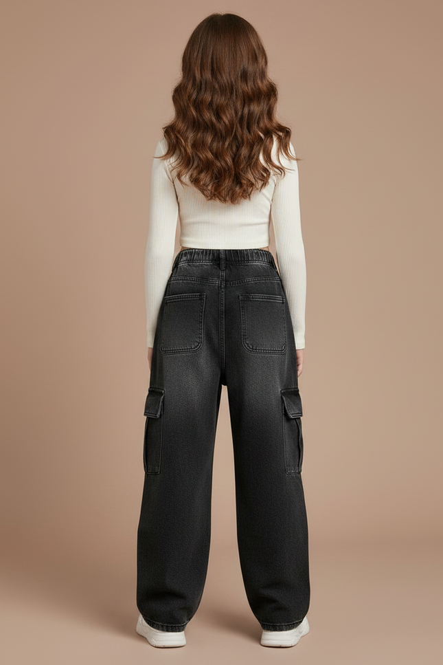 Pantalon Noir Cargo Ample Denim Fille - Jean - vue 2
