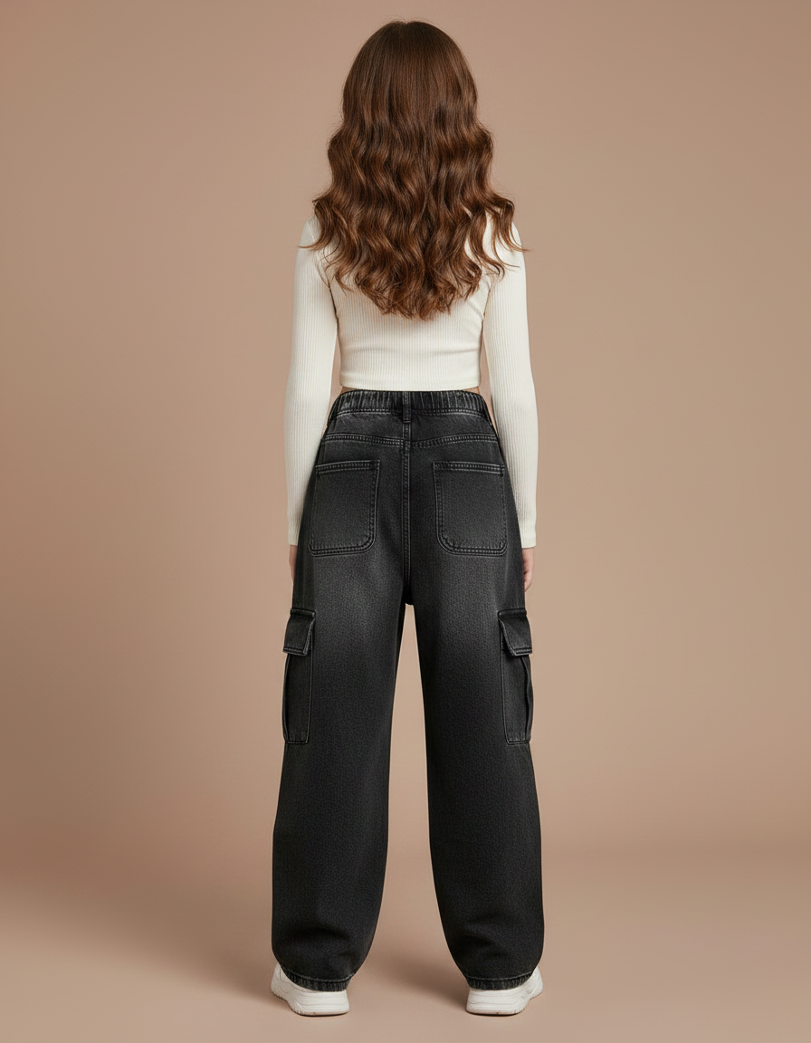 Pantalon Noir Cargo Ample Denim Fille - Jean - vue 2