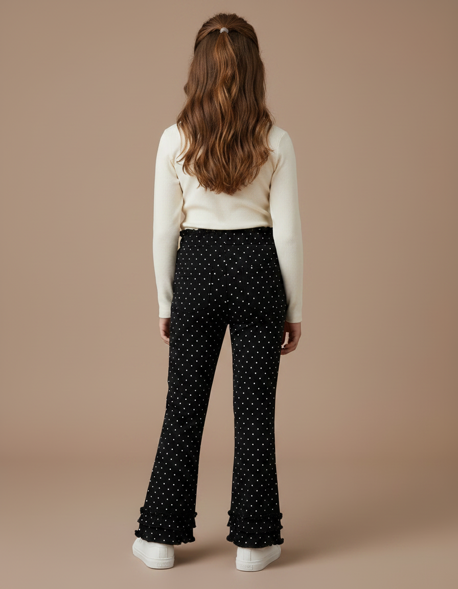 Pantalon Noir Fille Évasé Pois Coton Volants - vue 2
