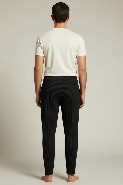 Pantalon Noir Plissé Droit Décontracté Cordon Homme - Polyester - vue 2