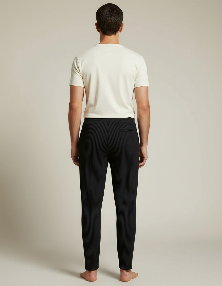 Pantalon Noir Plissé Droit Décontracté Cordon Homme - Polyester - vue 2