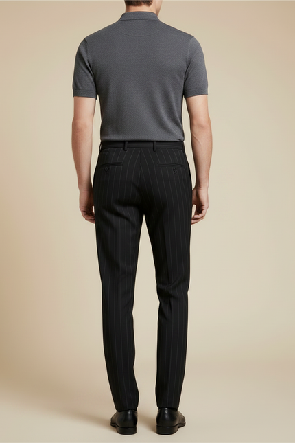 Pantalon Noir Homme Rayé Ajusté Élégant Habillé - Gabardine - vue 2