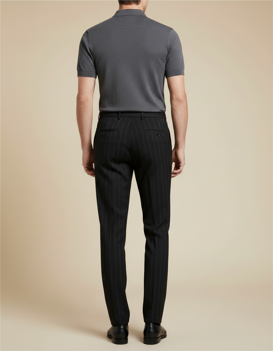 Pantalon Noir Homme Rayé Ajusté Élégant Habillé - Gabardine - vue 2