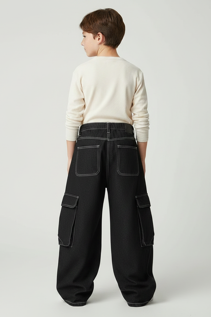 Pantalon Noir Denim Ample Cargo Garçon Décontracté - Jean - vue 2