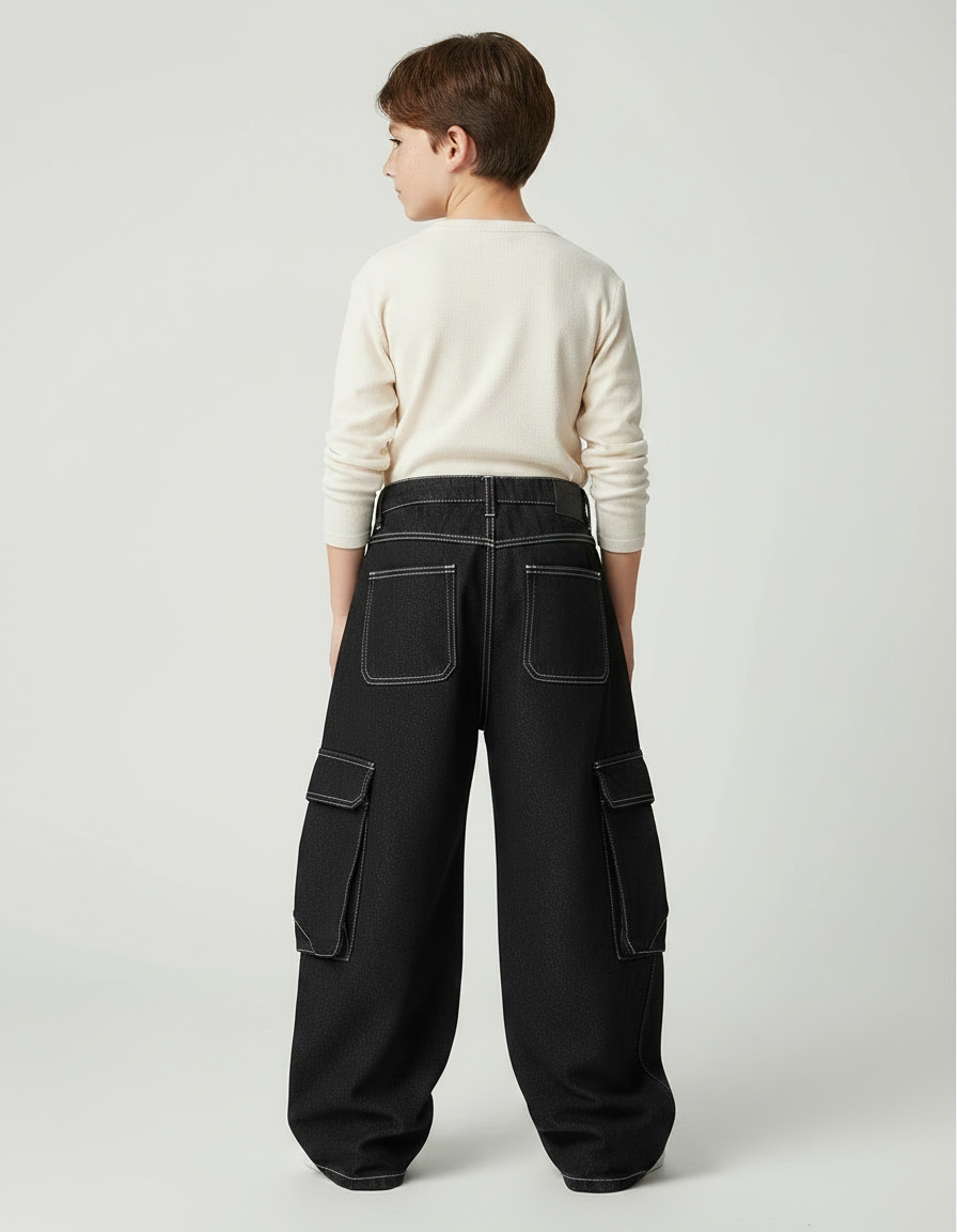 Pantalon Noir Denim Ample Cargo Garçon Décontracté - Jean - vue 2