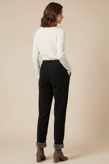 Pantalon Noir Côtelé Doublé Polaire Ample Femme - Cordé - vue 2