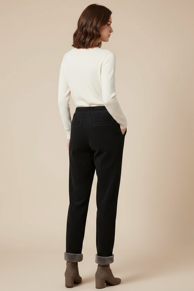 Pantalon Noir Côtelé Doublé Polaire Ample Femme - Cordé - vue 2