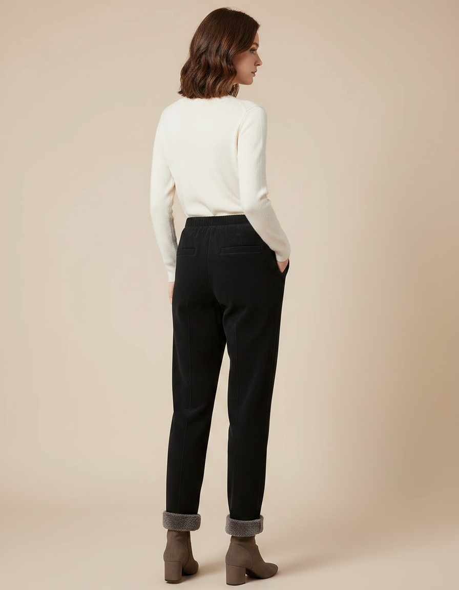 Pantalon Noir Côtelé Doublé Polaire Ample Femme - Cordé - vue 2