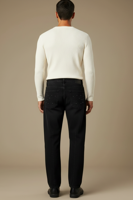 Pantalon Noir Décontracté Strass Coupe Droite Homme - Jean - vue 2