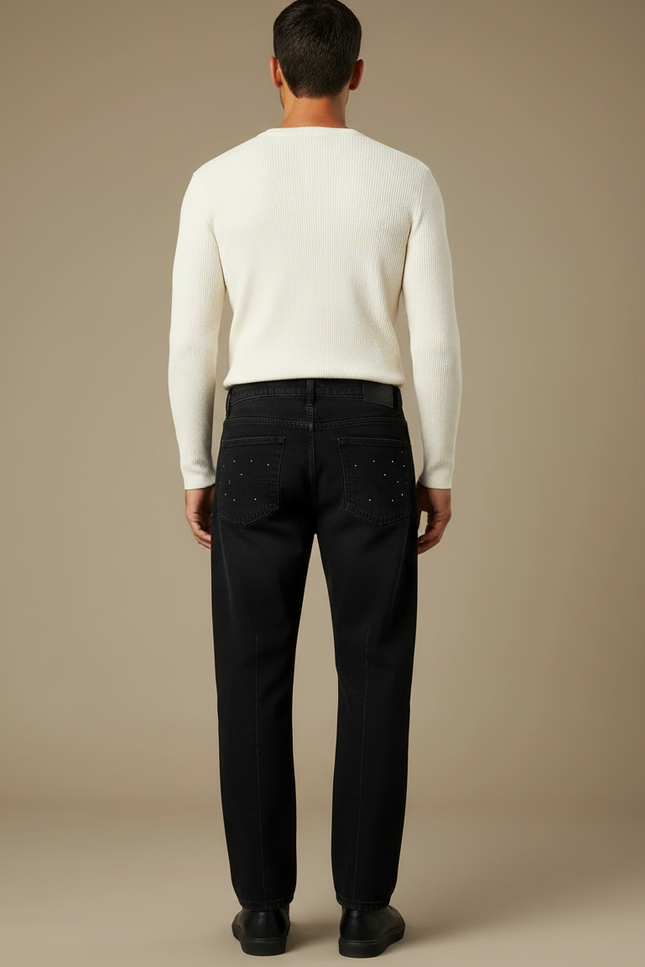 Pantalon Noir Décontracté Strass Coupe Droite Homme - Jean - vue 2