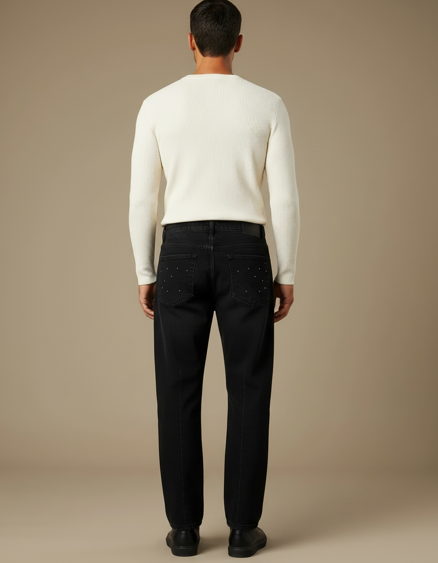 Pantalon Noir Décontracté Strass Coupe Droite Homme - Jean - vue 2