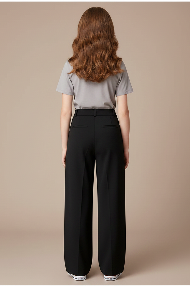 Pantalon Noir Ample Plissé Taille Haute Fille - Polyester - vue 2