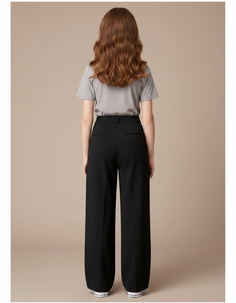 Pantalon Noir Ample Plissé Taille Haute Fille - Polyester - vue 2