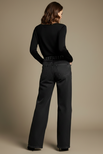 Pantalon Noir Large Denim Taille Haute Femme - Jean - vue 2