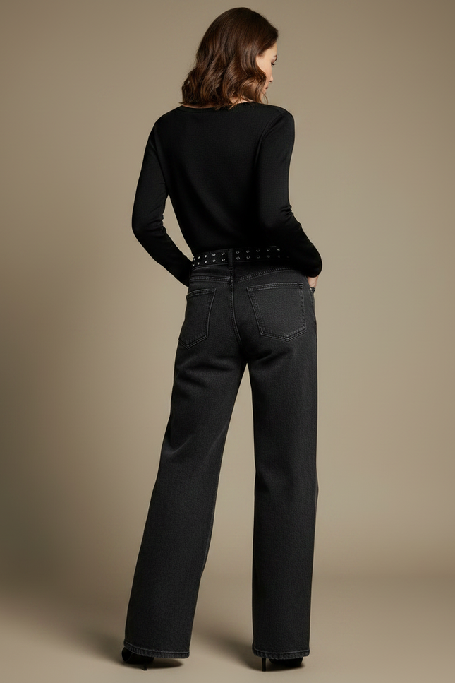 Pantalon Noir Large Denim Taille Haute Femme - Jean - vue 2