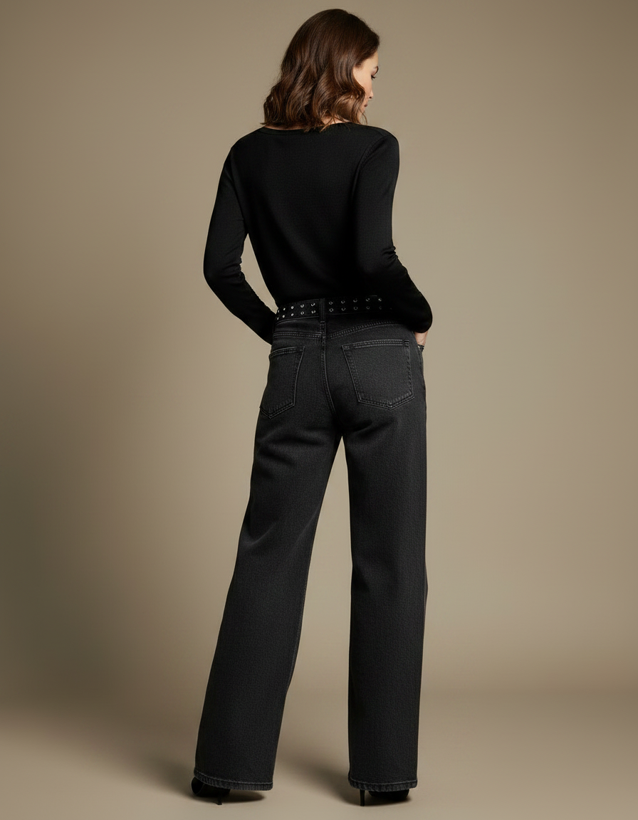 Pantalon Noir Large Denim Taille Haute Femme - Jean - vue 2