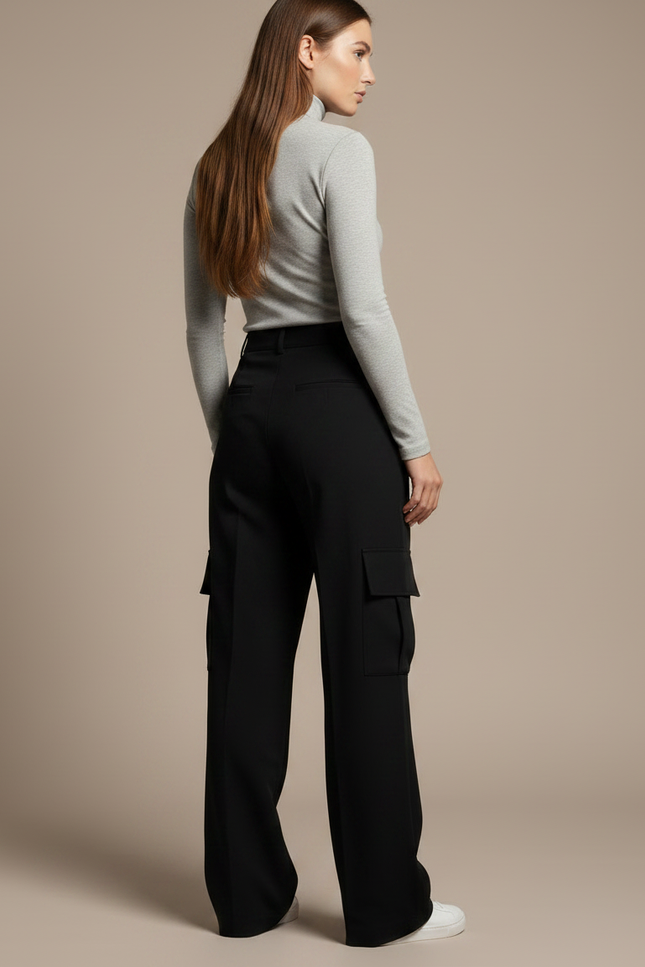 Pantalon Noir Cargo Taille Haute Femme Décontracté - Polyester - vue 2