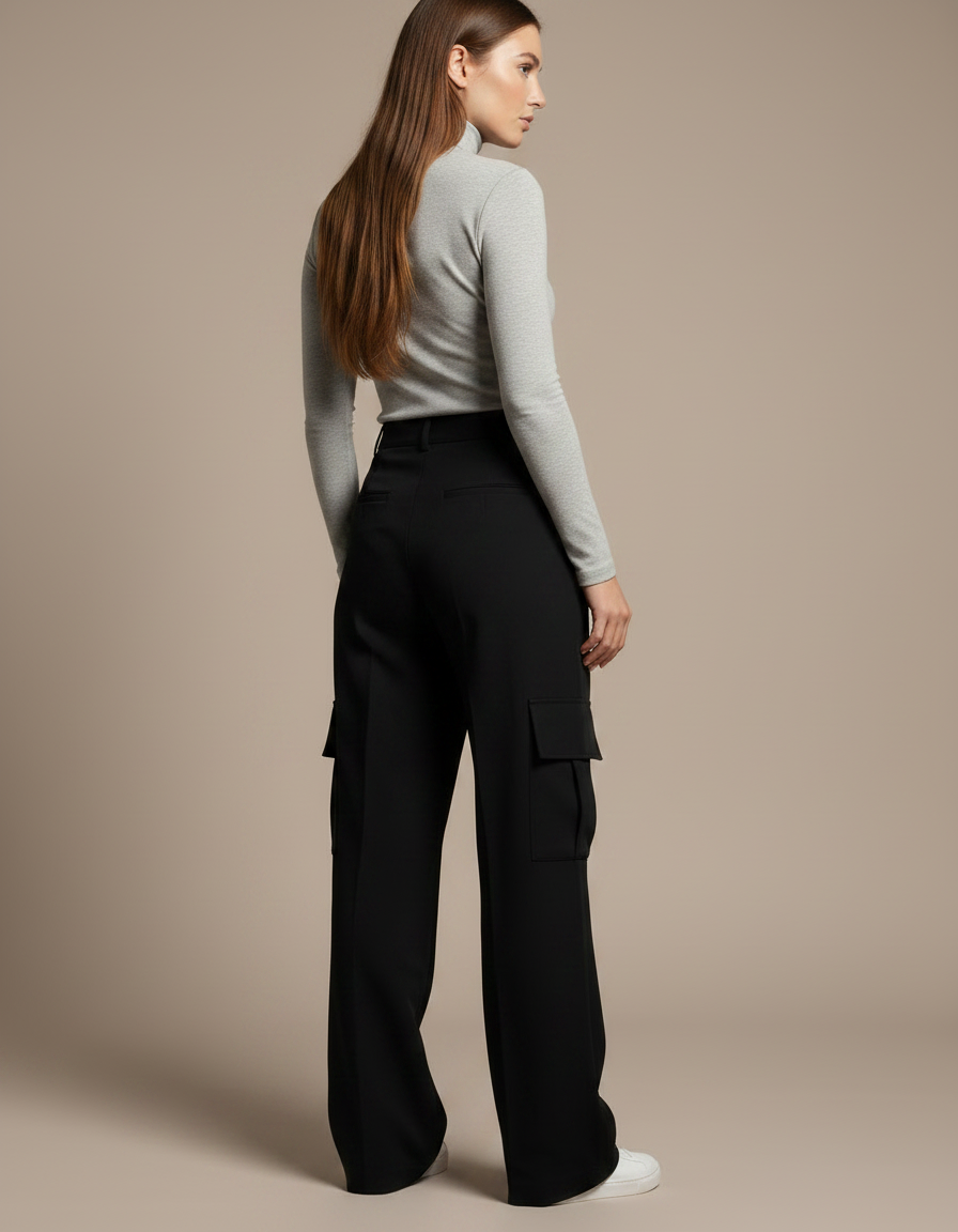 Pantalon Noir Cargo Taille Haute Femme Décontracté - Polyester - vue 2