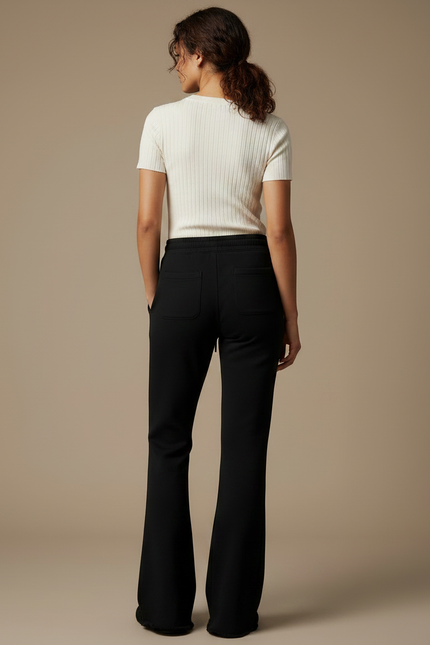 Pantalon Noir Évasé Brodé Cordon Décontracté Femme - Molleton - vue 2