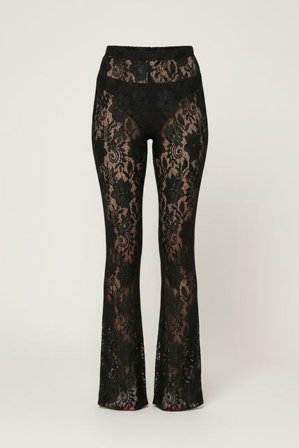 Pantalon Noir Dentelle Évasé Transparent Fluide - Polyester - vue 3