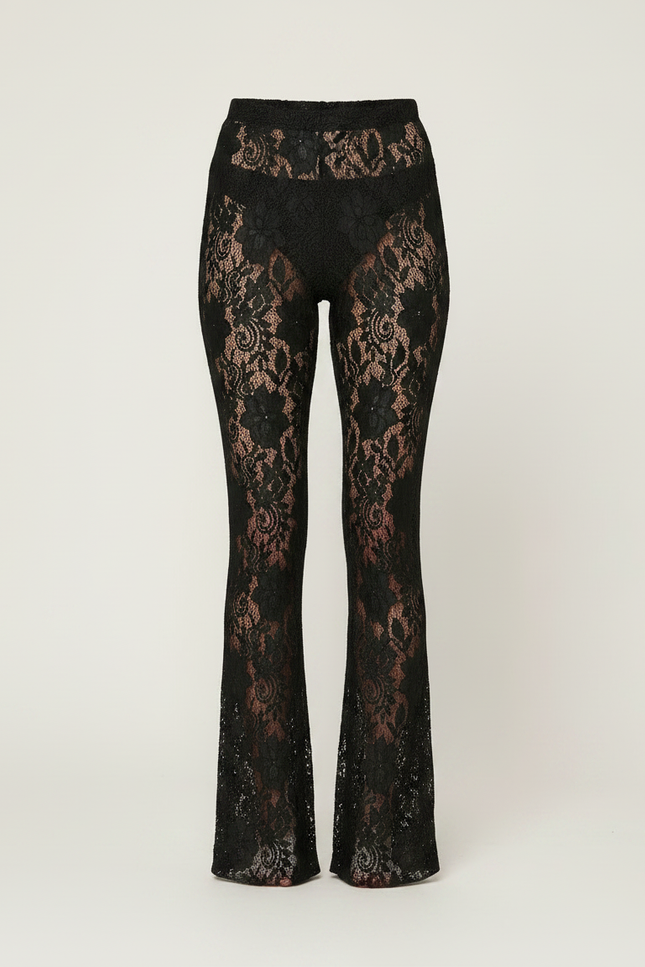 Pantalon Noir Dentelle Évasé Transparent Fluide - Polyester - vue 3