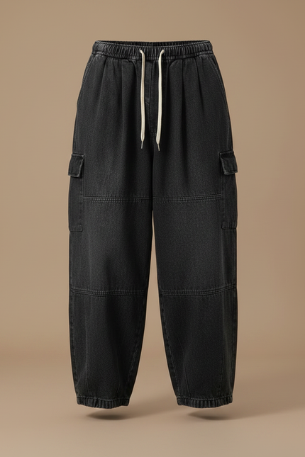 Pantalon Noir Baggy Cargo Cordon Décontracté Homme - Jean - vue 3