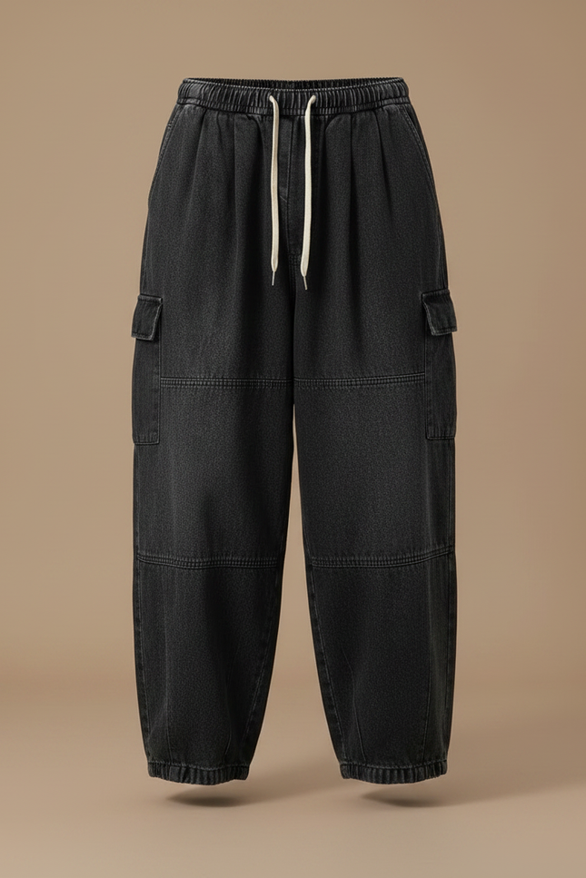 Pantalon Noir Baggy Cargo Cordon Décontracté Homme - Jean - vue 3
