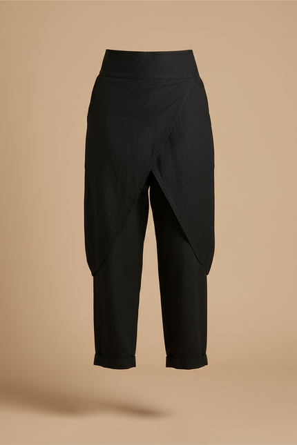 Pantalon Noir Fluide Asymétrique Taille Haute - Lin - vue 3