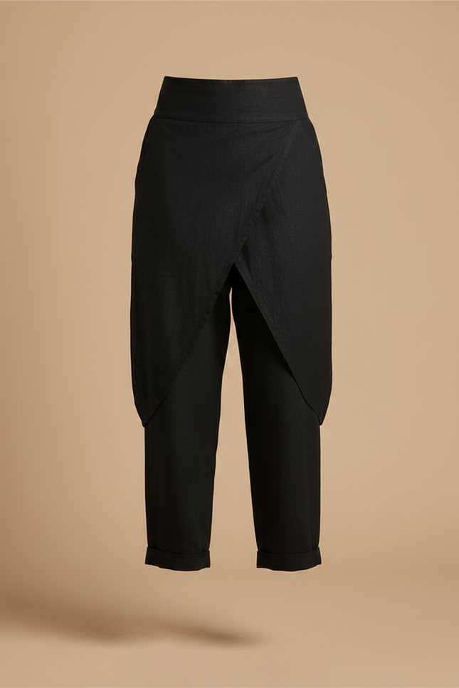 Pantalon Noir Fluide Asymétrique Taille Haute - Lin - vue 3