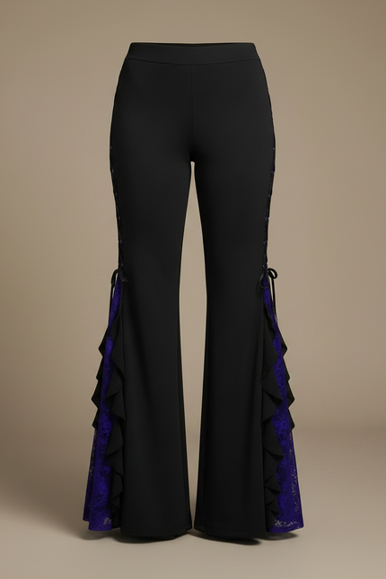 Pantalon Noir Évasé Dentelle Violette Ruffle Gothique - Maille - vue 3