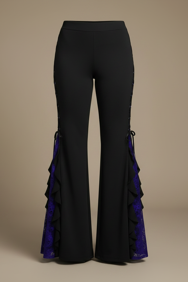 Pantalon Noir Évasé Dentelle Violette Ruffle Gothique - Maille - vue 3