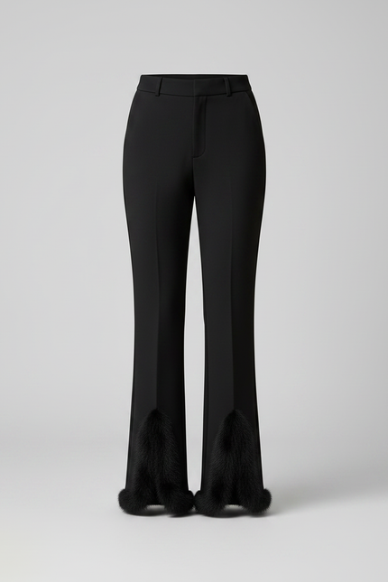 Pantalon Noir Évasé Fendu Fourrure Élégant Femme - Gabardine - vue 3