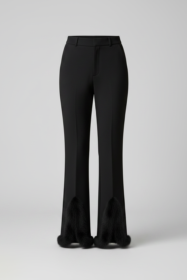 Pantalon Noir Évasé Fendu Fourrure Élégant Femme - Gabardine - vue 3