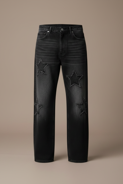 Pantalon Noir Étoiles Brodé Ample Décontracté Homme - Jean - vue 3
