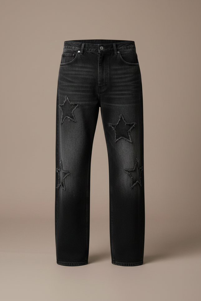 Pantalon Noir Étoiles Brodé Ample Décontracté Homme - Jean - vue 3