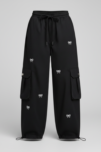 Pantalon Noir Cargo Ample Imprimé Nœuds Fille - Polyester - vue 3