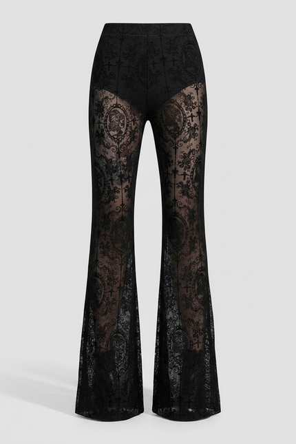 Pantalon Noir Dentelle Transparent Évasé Gothique Brodé - Maille - vue 2