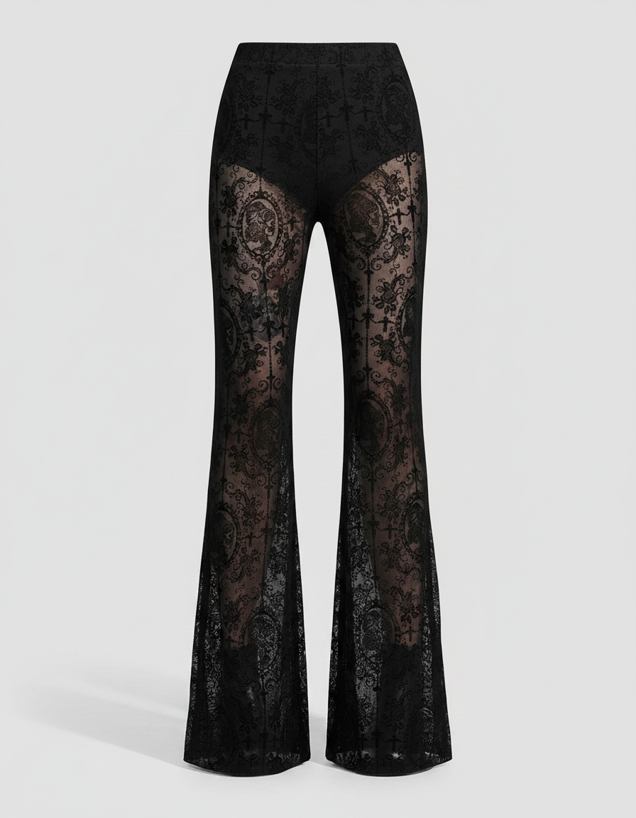 Pantalon Noir Dentelle Transparent Évasé Gothique Brodé - Maille - vue 2