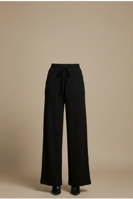Pantalon Noir Côtelé Ample Décontracté Femme Fluide - Maille - vue 3