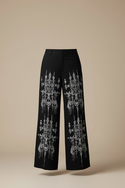 Pantalon Noir Ample Brodé Motifs Blancs Femme - Gabardine - vue 3