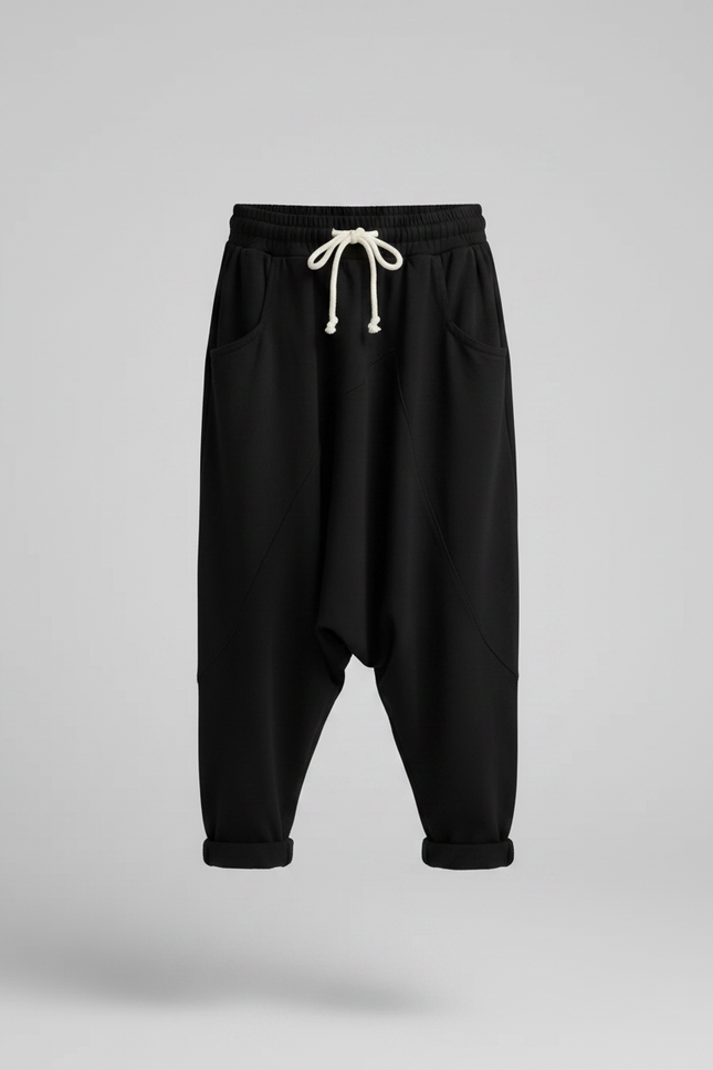 Pantalon Noir Ample Harem Décontracté Coton - Molleton - vue 3