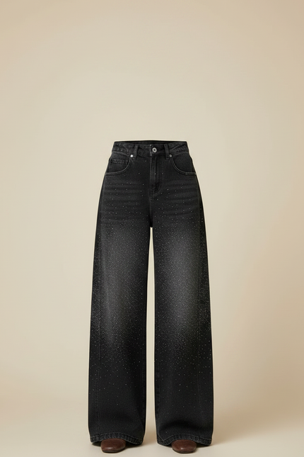 Pantalon Noir Denim Large Strass Scintillant Taille Haute - Jean - vue 3