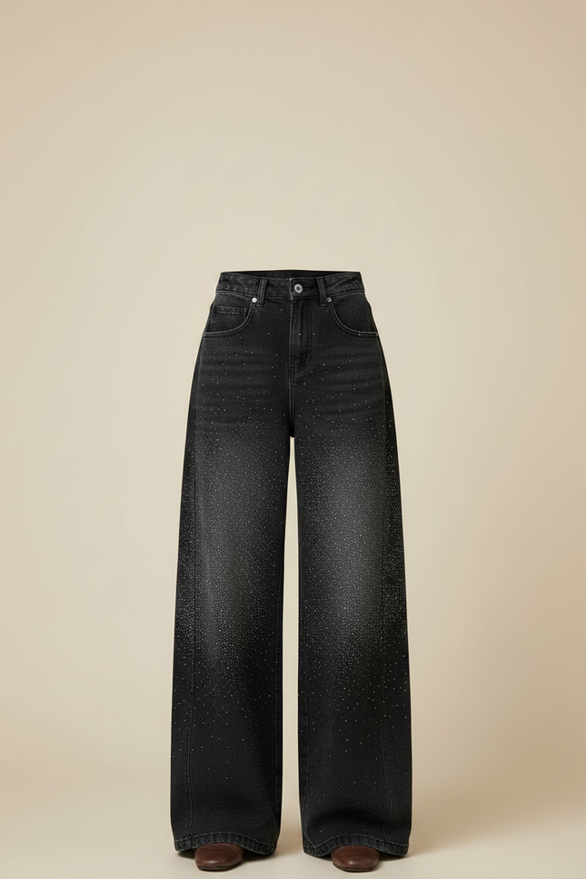 Pantalon Noir Denim Large Strass Scintillant Taille Haute - Jean - vue 3