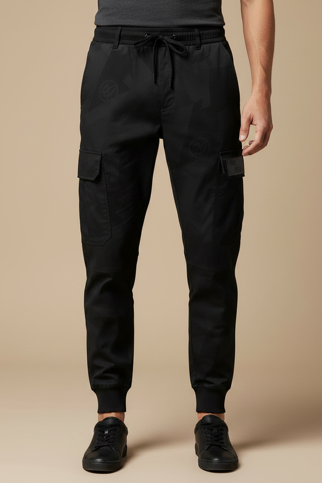 Pantalon Noir Cargo Homme, Jogger, Motif Ton-sur-ton, Sportif - Polyester - vue 3