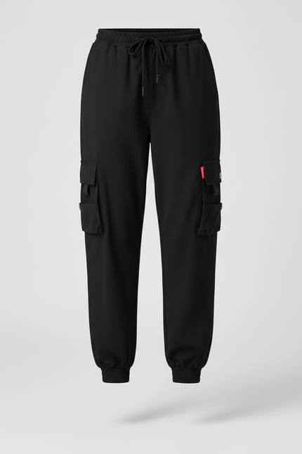 Pantalon Noir Cargo Ample Taille Haute Cordon - Polyester - vue 3