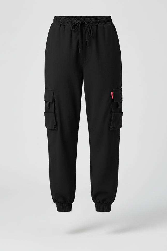Pantalon Noir Cargo Ample Taille Haute Cordon - Polyester - vue 3