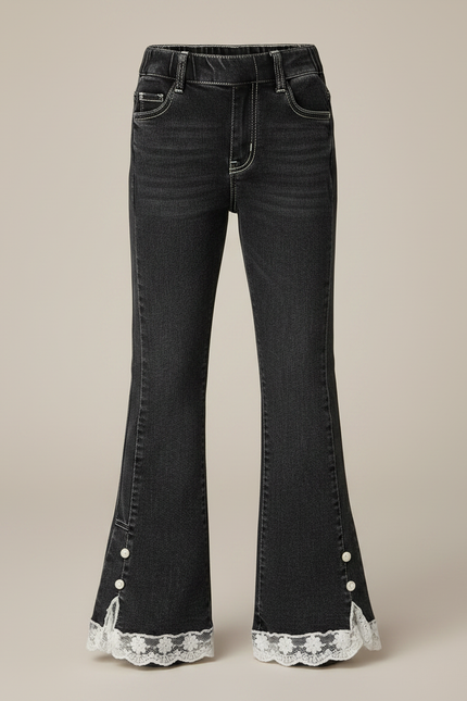 Pantalon Noir Évasé Dentelle Perles Enfant - Jean - vue 3