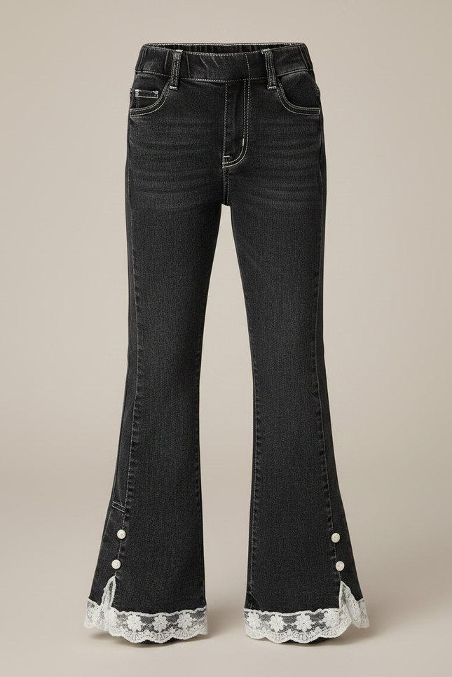 Pantalon Noir Évasé Dentelle Perles Enfant - Jean - vue 3